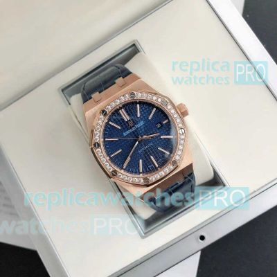 Replica Audemars Piguet Royal Oak 41 Rose Gold Blue Strap Diamond Bezel